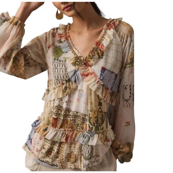 TINY Tops - TINY Anthro Ruffle Babydoll Top Womens Shirt SIZE XXS Boho Patchwork Blouse L/S